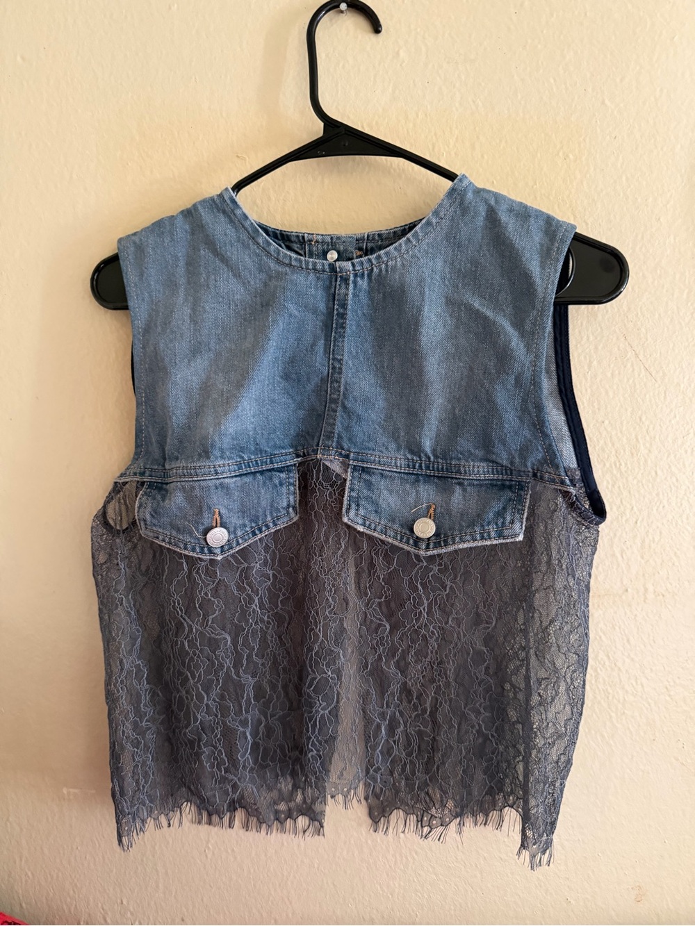Zara Two-Tone Denim & Gray Lace Sleeveless Top